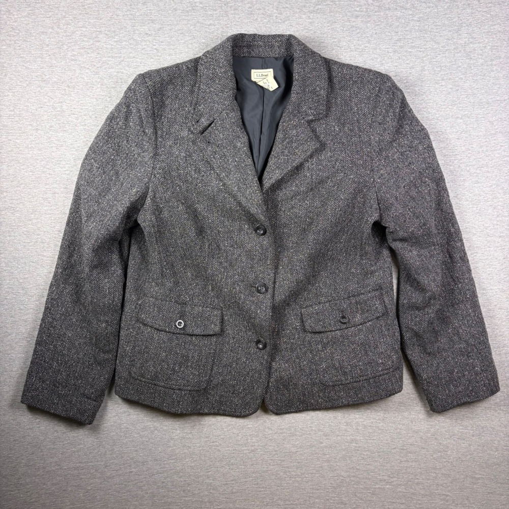 LL Bean Jacket Womens L Gray Herringbone Wool Silk Blend 3 Button